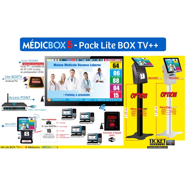 PACK MÉDICBOX 5 - Gestion d'attente Services Médicaux configurable de 1 à 5 Médecins - Ecran TV NON Fourni