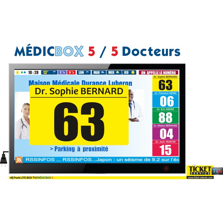 PACK MÉDICBOX 5 - Gestion d'attente Services Médicaux configurable de 1 à 5 Médecins - Ecran TV NON Fourni