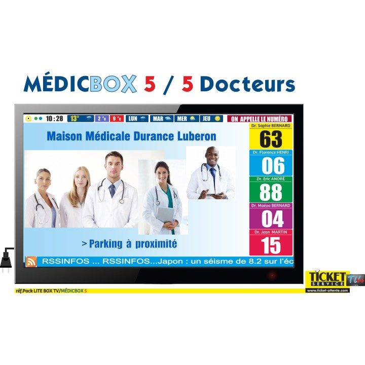 PACK MÉDICBOX 5 - Gestion d'attente Services Médicaux configurable de 1 à 5 Médecins - Ecran TV NON Fourni