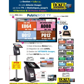 PACK PublicBOXTV/12 - Gestion d'attente pour SERVICES PUBLICS, configurable de 1 à 12 Services (Ecran TV NON Fourni)°